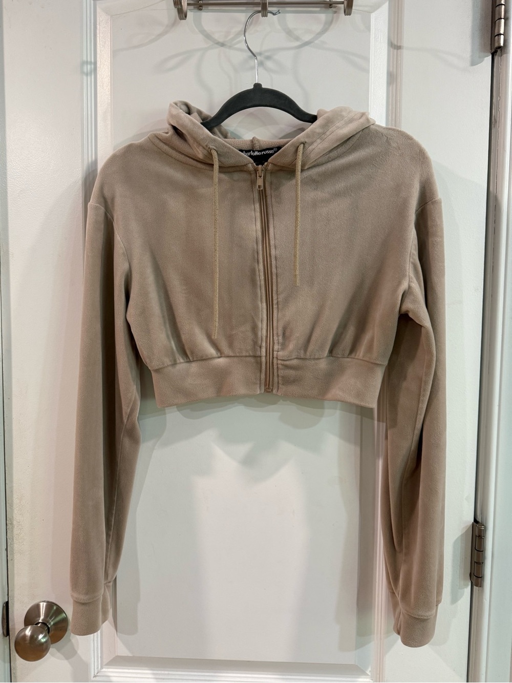 Charlotte Russe Cropped Zip Hoodie in Taupe